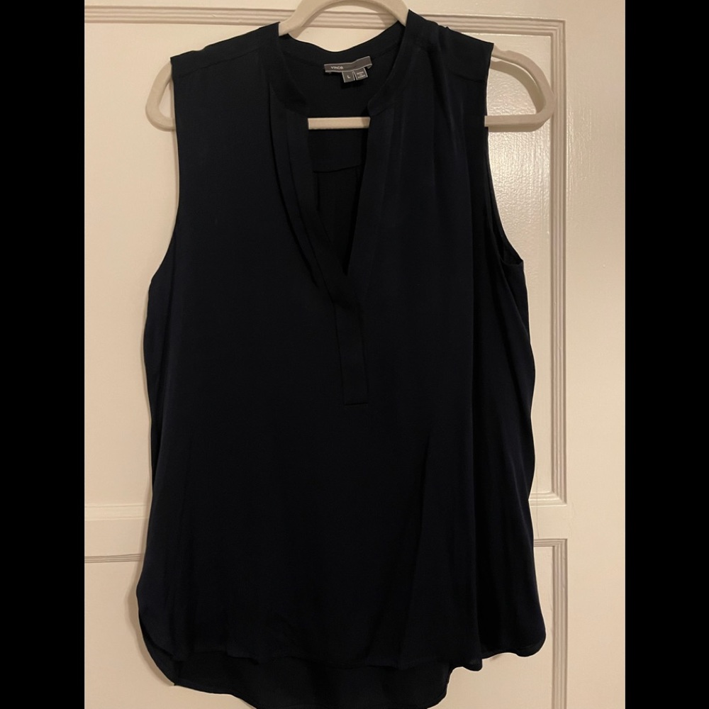 Vince Navy Large Silk Vneck two button Blouse